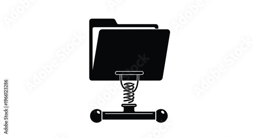 A stark black and white illustration depicts a file folder mounted on a spring loaded wheeled stand high quality professional detailed