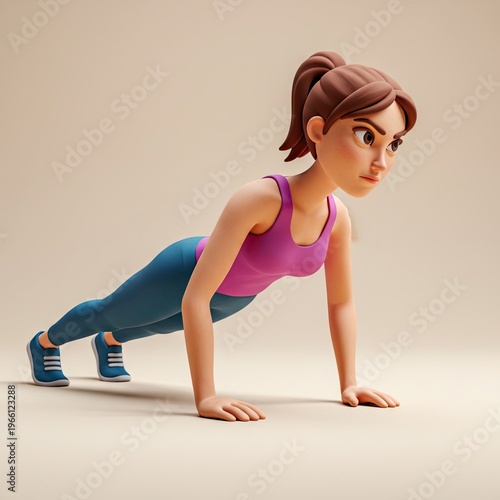 Cartoon woman doing push-ups in athletic clothing on neutral background  