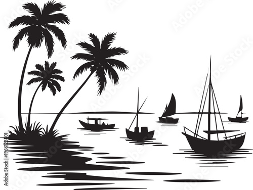 Isolated Silhouette kinds of Tropical beach with boats ink sketch vector illustration No Background