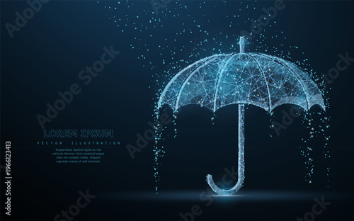 Glowing umbrella in digital particles. Insurance protection, safety coverage, secure support, risk management, weather shield, reliable care, future service concept. Vector illustration