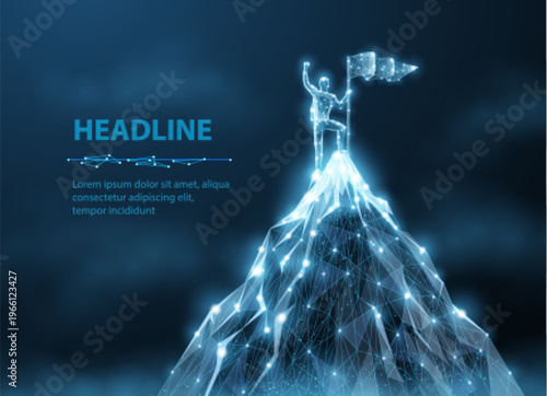 Person standing on mountain peak with flag. Leadership success, achievement goal, ambition, victory, determination, career growth, motivation, future concept. Vector illustration