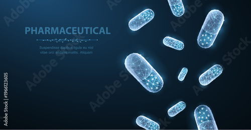 Glowing pharmaceutical capsules in digital style. Medicine research, healthcare treatment, biotechnology, drug development, clinical science, future medical concept. Vector illustration