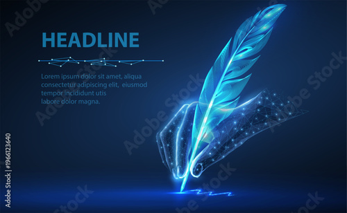 Hand writing with glowing feather quill. Literature, poetry, storytelling, classic author tool, creative writing, education, artistic expression, digital concept. Vector illustration