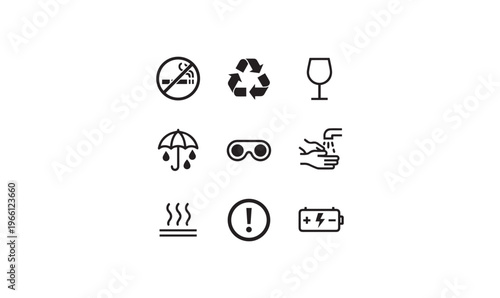 Set of Minimalist Warning and Care Symbols for Manuals and Shipping