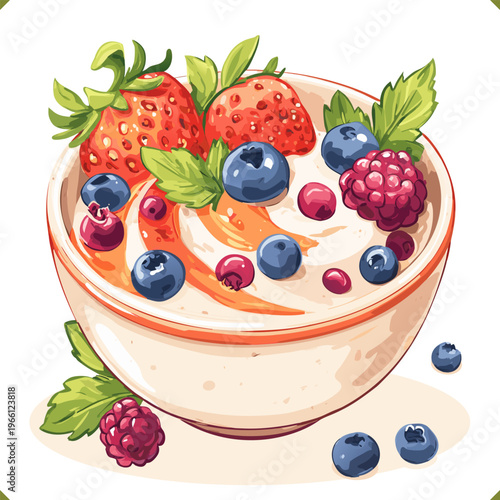 Vector illustration of yogurt bowl topped with berries, isolated on a white background