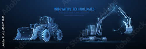 Glowing tractor and excavator in digital style. Construction machinery, agriculture equipment, industrial engineering, heavy vehicles, innovation, future technology concept. Vector illustration