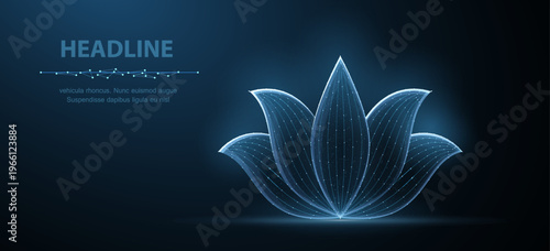 Glowing lotus flower in digital line style. Yoga symbol, meditation, wellness, spiritual balance, calm energy, mindfulness, harmony, holistic health concept. Vector illustration