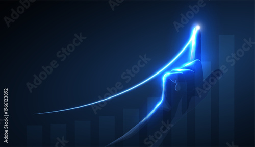 Hand drawing glowing arrow over chart bars. Business growth, financial progress, success trend, market increase, strategy planning, performance analytics concept. Vector illustration