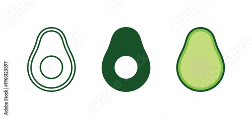 Three stylized avocado halves showing outline, solid fill, and realistic rendering