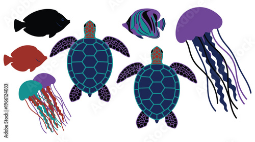Sea life collection with sea turtles jellyfish and tropical fish illustrations.