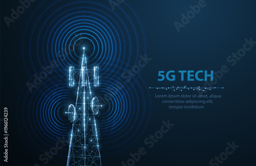 Glowing 5G tower with signal waves. Wireless communication, mobile network, telecom infrastructure, internet connection, digital transmission, future technology concept. Vector illustration