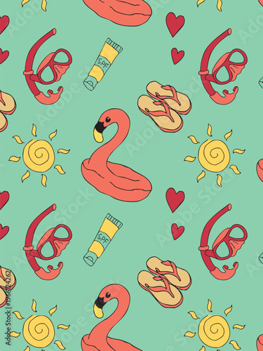 Seamless pattern with hand-drawn beach vacation elements. Vector summer doodle background with flamingo float, snorkel mask, flip-flops, sunscreen, and sun icons on mint green.
