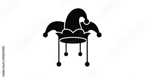 A stark black silhouette depicts a traditional jester s hat complete with multiple points and dangling bells high quality professional detailed