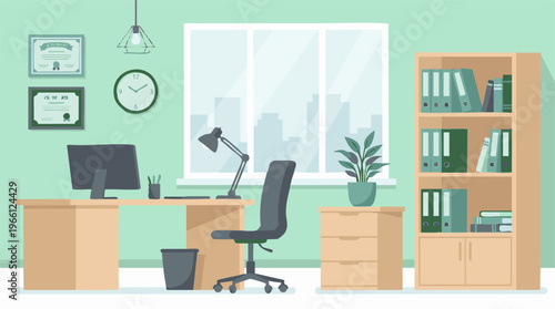 Modern Office Interior Illustration with Desk, Computer, Bookshelf, and City View