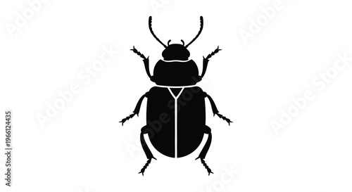 A stark black silhouette depicts a beetle with prominent horns and legs presented against a white background high quality professional detailed