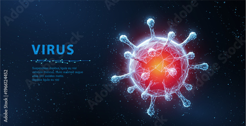 Glowing virus cell on blue background. Infection risk, microbiology research, medical science, disease outbreak, healthcare warning, biological analysis concept. Vector illustration