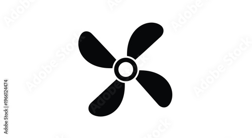 A simple black silhouette depicts a four bladed fan centrally positioned against a stark white background high quality professional detailed modern