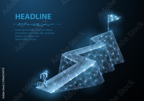 Glowing staircase with flag on blue background. Career growth, success journey, leadership goal, personal development, ambition path, future achievement concept. Vector illustration