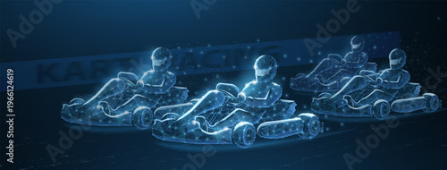 Glowing go-kart racers on blue background. Motorsport competition, racing vehicle, speed challenge, track performance, driving sport, digital transportation concept. Vector illustration