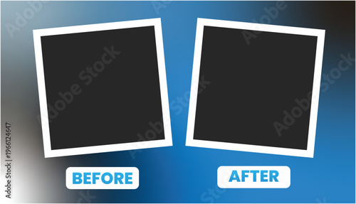 Two blank polaroid photos on blue background with before and after labels