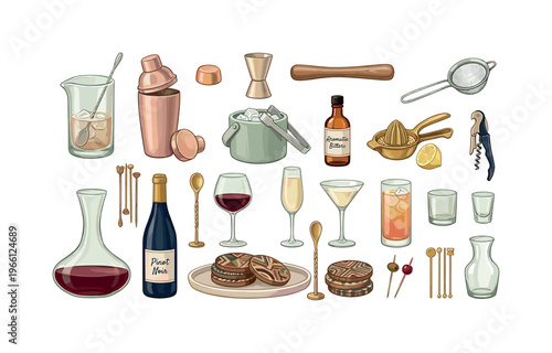 Collection of bar tools and drinkware for making cocktails and serving beverages