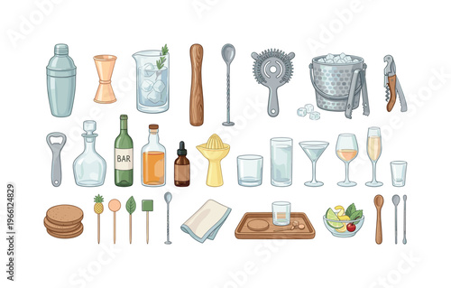 Collection of illustrated bar tools and drinkware for cocktail preparation