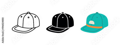 Collection of baseball cap icons in outline, solid black, and colorful styles