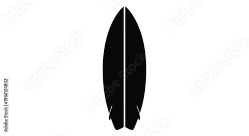 A minimalist black and white illustration depicts a surfboard viewed from above showcasing its sleek shape and fins high quality professional