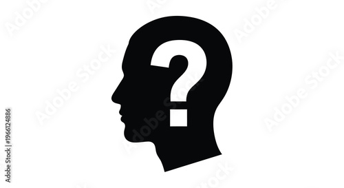 A stark silhouette of a human head in profile contains a prominent white question mark symbolizing uncertainty high quality professional detailed