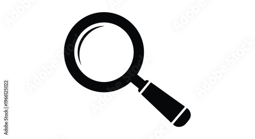 A simple black and white illustration depicts a magnifying glass angled slightly with a rounded handle high quality professional detailed modern