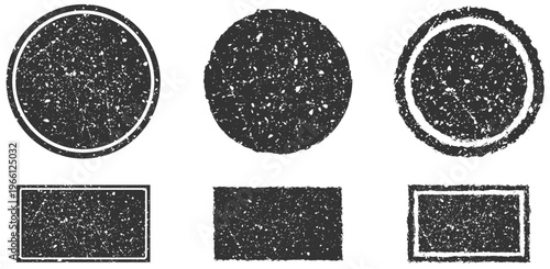 Grunge stamp shapes collection in black. Distressed circles, rectangles, textured frames, vintage labels, dirty borders, rough ink marks, worn badge set. Vector illustration