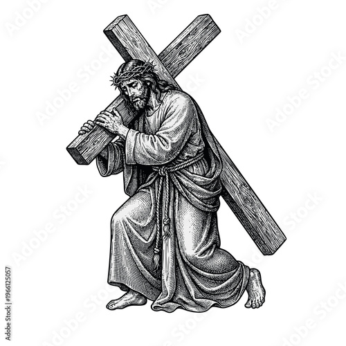 Passion of Christ Jesus Carrying Cross Woodcut Art