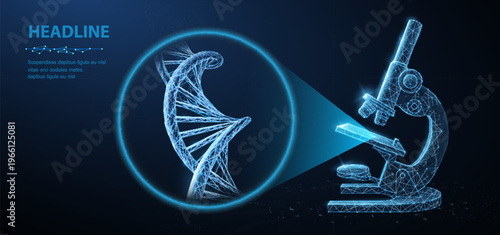 DNA helix and microscope in glowing lens. Genetics research, biotechnology, medical science, laboratory analysis, healthcare innovation, discovery, future study concept. Vector illustration