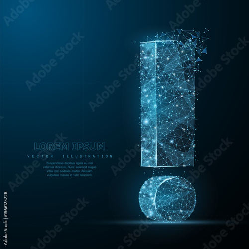 Glowing digital exclamation mark on blue background. Warning, caution, security alert, system notification, error detection, digital risk concept. Vector illustration