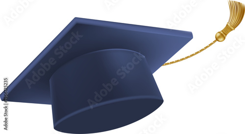 Realistic Blue graduate cap. 3D Graduation Doctoral hat. PhD Academic mortarboard. Student degree board. Vector illustration.