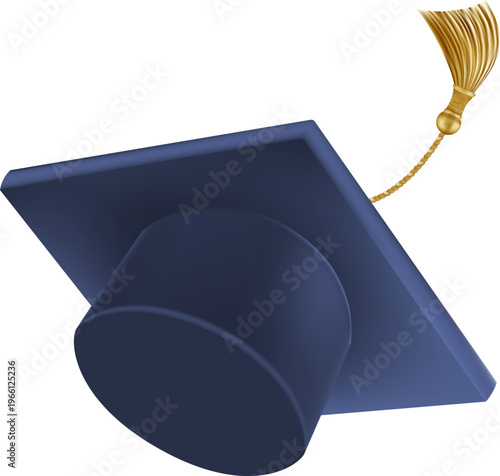 Realistic Blue graduate cap. 3D Graduation Doctoral hat. PhD Academic mortarboard. Student degree board. Vector illustration.