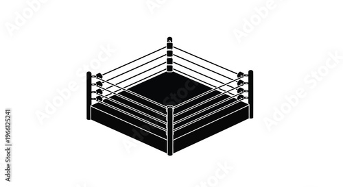 A minimalist black and white illustration depicts a professional boxing ring focusing on its square shape and ropes high quality detailed