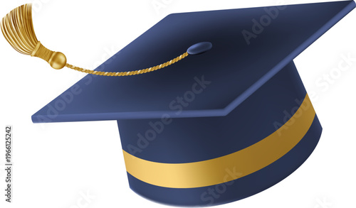 Realistic Blue graduate cap. 3D Graduation Doctoral hat. PhD Academic mortarboard. Student degree board. Vector illustration.