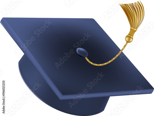 Realistic Blue graduate cap. 3D Graduation Doctoral hat. PhD Academic mortarboard. Student degree board. Vector illustration.