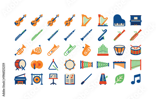 Collection of colorful flat icons representing various orchestral instruments and music symbols