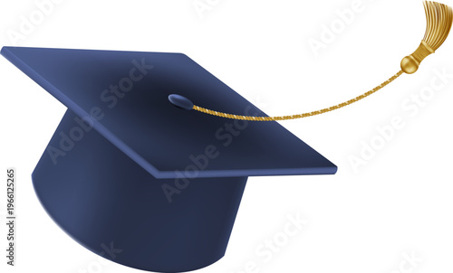 Realistic Blue graduate cap. 3D Graduation Doctoral hat. PhD Academic mortarboard. Student degree board. Vector illustration.