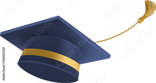 Realistic Blue graduate cap. 3D Graduation Doctoral hat. PhD Academic mortarboard. Student degree board. Vector illustration.