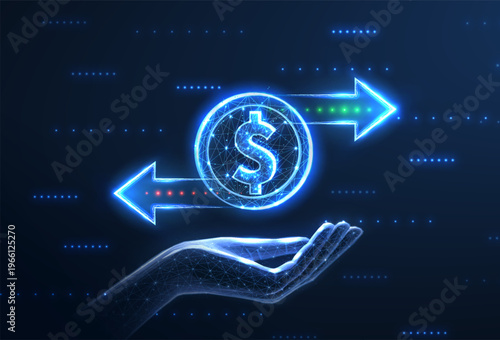 Glowing dollar sign with arrows on blue background. Currency exchange, financial transaction, money management, investment, profit, digital economy concept. Vector illustration
