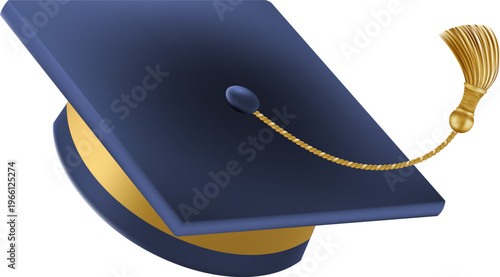 Realistic Blue graduate cap. 3D Graduation Doctoral hat. PhD Academic mortarboard. Student degree board. Vector illustration.