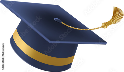 Realistic Blue graduate cap. 3D Graduation Doctoral hat. PhD Academic mortarboard. Student degree board. Vector illustration.