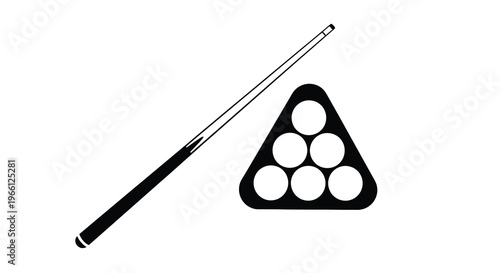 A simple black and white illustration depicts a pool cue positioned diagonally above a standard triangle rack of billiard balls
