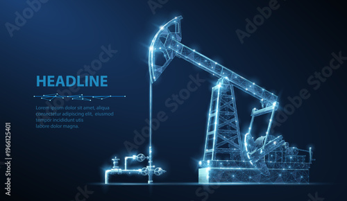 Oil pump jack in blue digital light. Energy production, petroleum industry, fuel extraction, industrial equipment, engineering system, future oil technology concept. Vector illustration