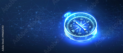 Glowing compass on blue digital map. Navigation technology, direction finder, travel guidance, GPS system, location tracking, exploration support, future navigation concept. Vector illustration