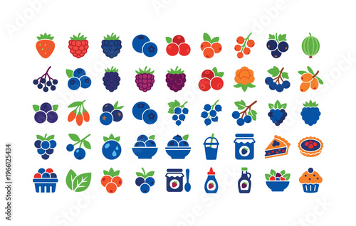 Collection of colorful berry icons and berry-themed food items