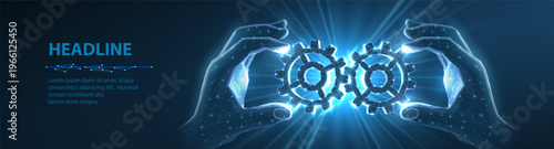 Hands holding glowing gears on blue background. Teamwork, system integration, business cooperation, digital process, engineering support, automation technology concept. Vector illustration